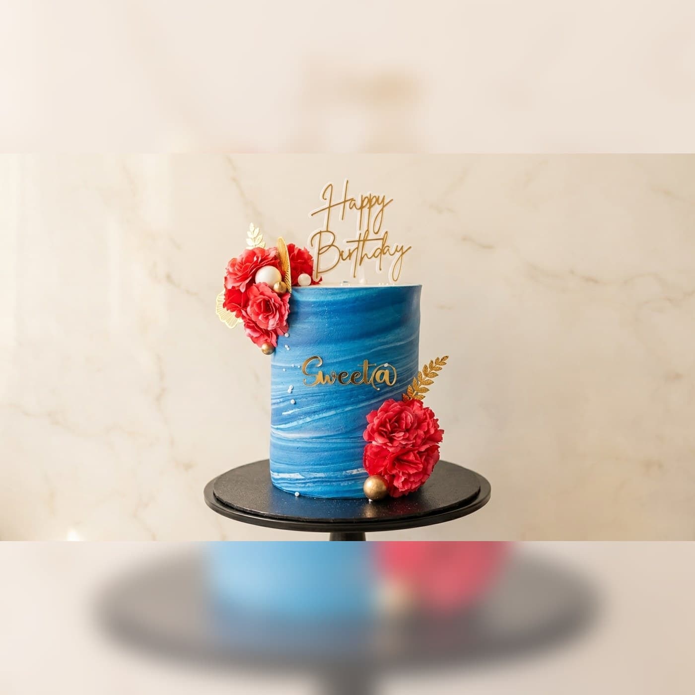 Blue Floral Birthday Cake by Simshine Cakes